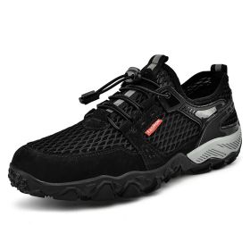 Men's Summer Leather Breathable Outdoor Sports Casual Shoes Non-slip Soft-soled Mesh Surface Hiking Shoes (Option: Black-38)