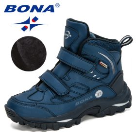 BONA 2020 New Designers Outdoor Snow Boots Boys Girls Plush Sneakers Terkking Boots Children Hiking Mountain Climbing Camping (Color: Deep blue S gray)