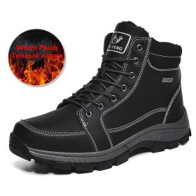 Brand Winter Leather Men Boots Plush Warm Men Snow Boots Outdoor Non-slip Hiking Boots Men Winter Shoes Men Sneakers Size 39-48 (Color: Plush Black)