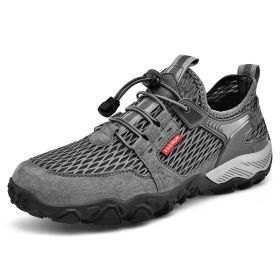 Men's Summer Leather Breathable Outdoor Sports Casual Shoes Non-slip Soft-soled Mesh Surface Hiking Shoes (Option: Gray-40)