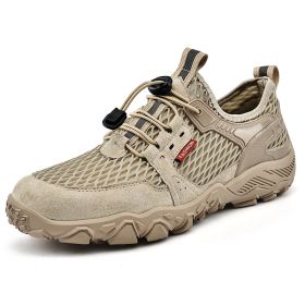 Men's Summer Leather Breathable Outdoor Sports Casual Shoes Non-slip Soft-soled Mesh Surface Hiking Shoes (Option: Khaki-40)